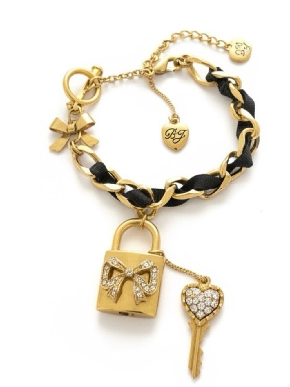 Betsey Johnson Vintage Gold and Black Padlock & Heart Key Charm Bracelet 7”